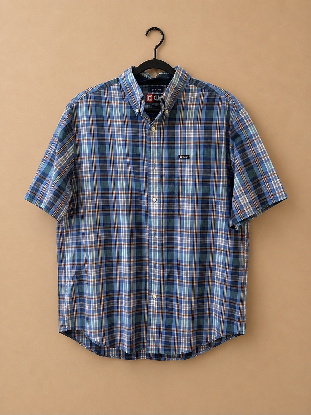 Chaps Blue and White Plaid Short-Sleeve Button-Down Shirt